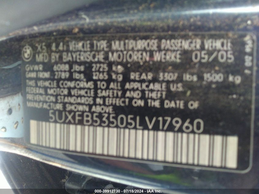 2005 BMW X5 4.4I VIN: 5UXFB53505LV17960 Lot: 39912730