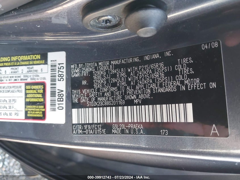 2008 Toyota Sienna Le VIN: 5TDZK23C88S201169 Lot: 39912743