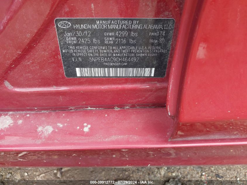 5NPEB4AC9CH464492 2012 Hyundai Sonata Gls