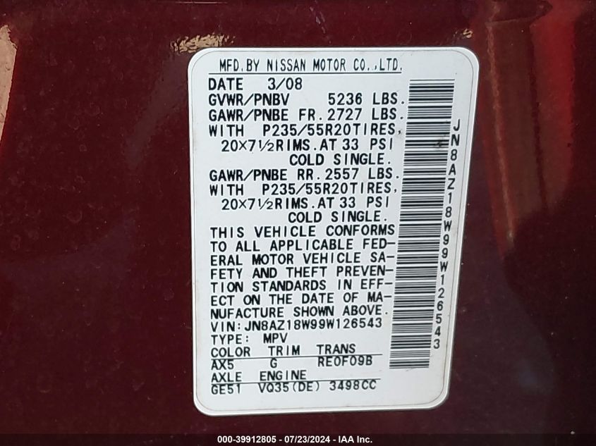 2009 Nissan Murano S/Sl/Le VIN: JN8AZ18W99W126543 Lot: 39912805