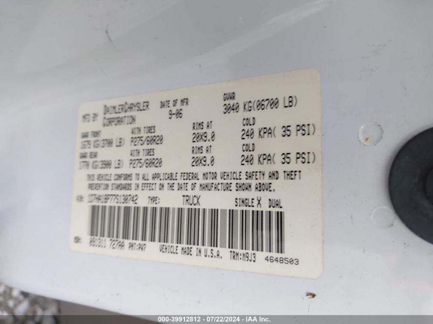 2007 Dodge Ram 1500 Slt VIN: 1D7HA18P77S130742 Lot: 39912812