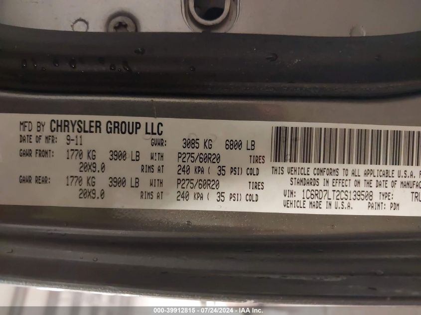 2012 Ram 1500 Slt VIN: 1C6RD7LT2CS139508 Lot: 39912815