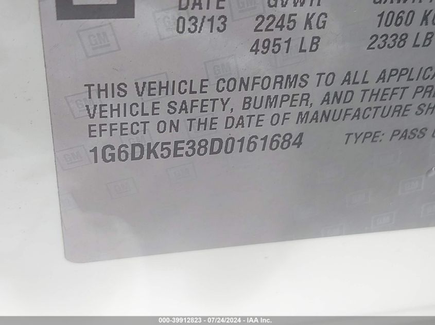 2013 Cadillac Cts Performance Collection VIN: 1G6DK5E38D0161684 Lot: 39912823