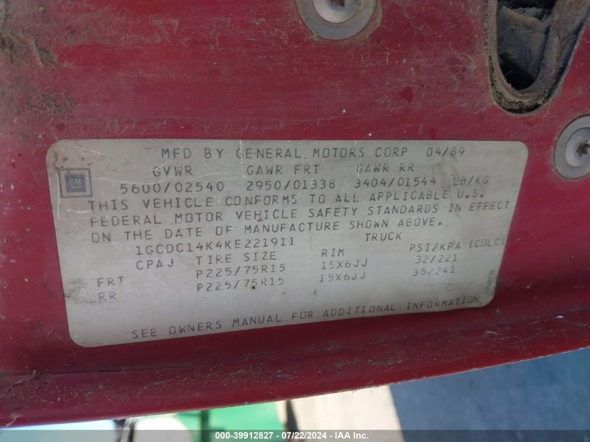 1989 Chevrolet Gmt-400 C1500 VIN: 1GCDC14K4KE221911 Lot: 39912827
