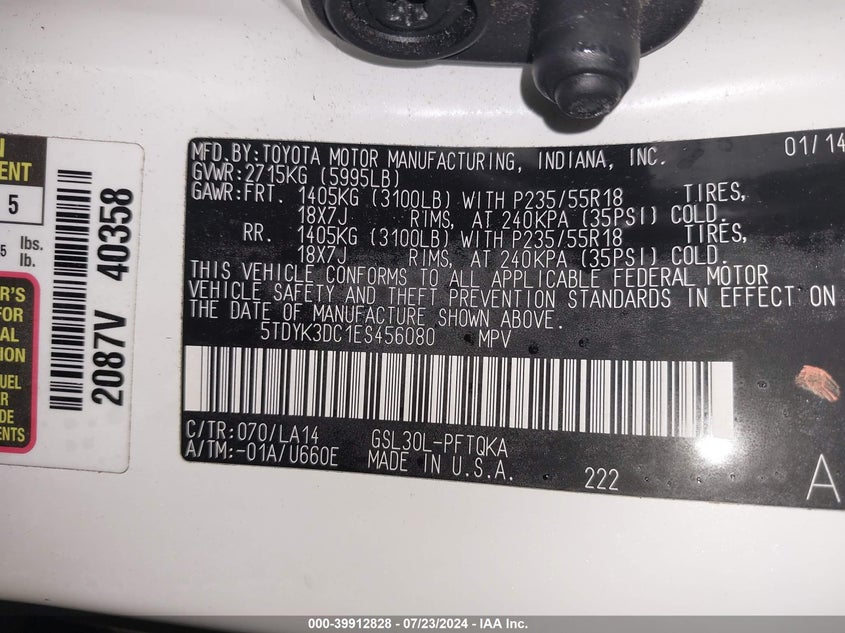 2014 Toyota Sienna Xle/Limited VIN: 5TDYK3DC1ES456080 Lot: 39912828