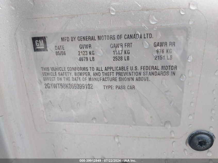 2006 Chevrolet Impala Lt VIN: 2G1WT58K069399102 Lot: 39912849