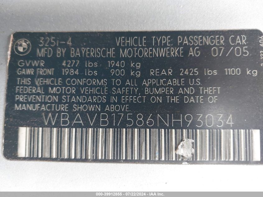2006 BMW 325I VIN: WBAVB17586NH93034 Lot: 39912855