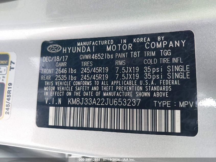 2018 Hyundai Tucson Value VIN: KM8J33A22JU653237 Lot: 39912858