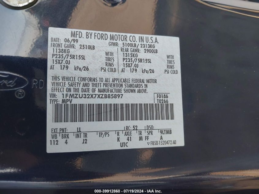 1999 Ford Explorer Xl/Xlt VIN: 1FMZU32X7XZB85897 Lot: 39912860