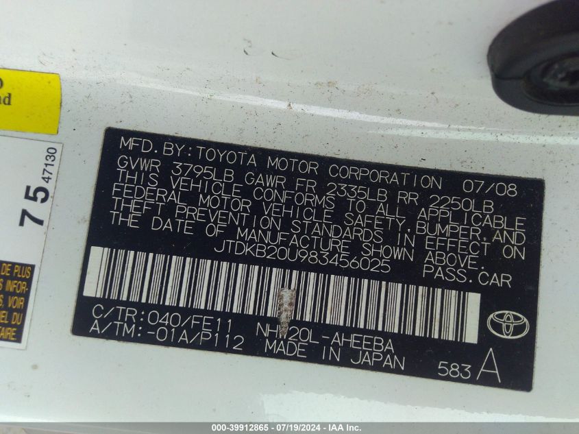 2008 Toyota Prius VIN: JTDKB20U983456025 Lot: 39912865