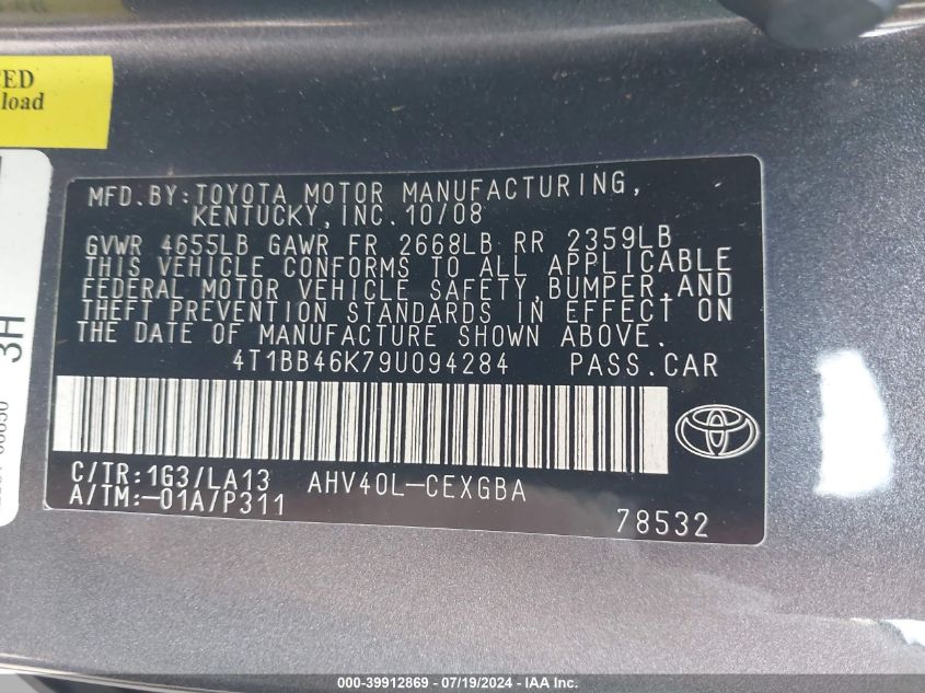 2009 Toyota Camry Hybrid Hybrid VIN: 4T1BB46K79U094284 Lot: 39912869