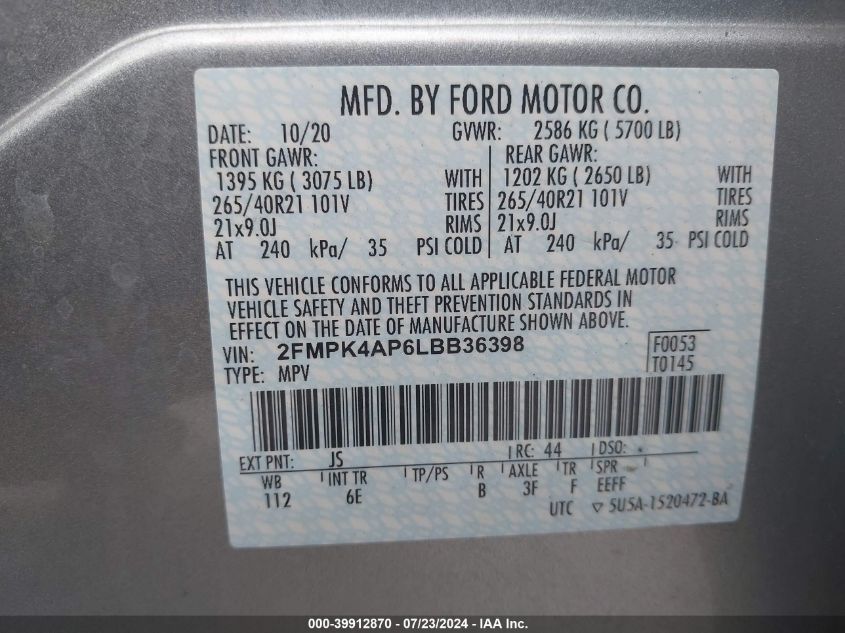 2020 Ford Edge St VIN: 2FMPK4AP6LBB36398 Lot: 39912870