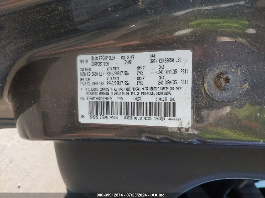 2002 Dodge Ram 1500 Slt/St VIN: 3D7HA18N42G200079 Lot: 39912874