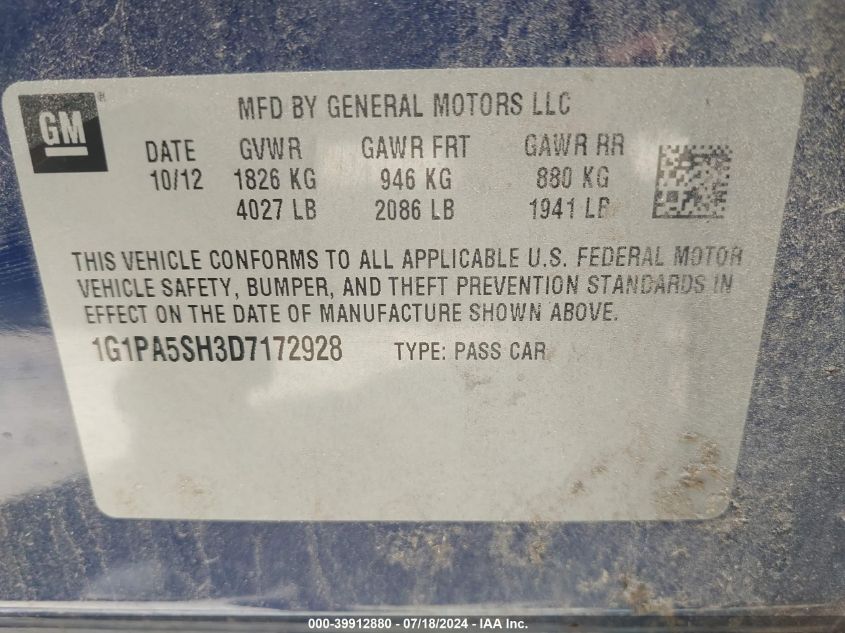 2013 Chevrolet Cruze Ls Auto VIN: 1G1PA5SH3D7172928 Lot: 39912880