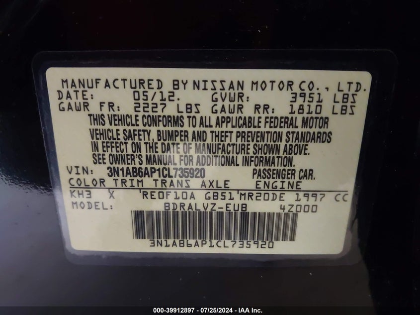 2012 Nissan Sentra 2.0/2.0S/Sr/2.0Sl VIN: 3N1AB6AP1CL735920 Lot: 39912897