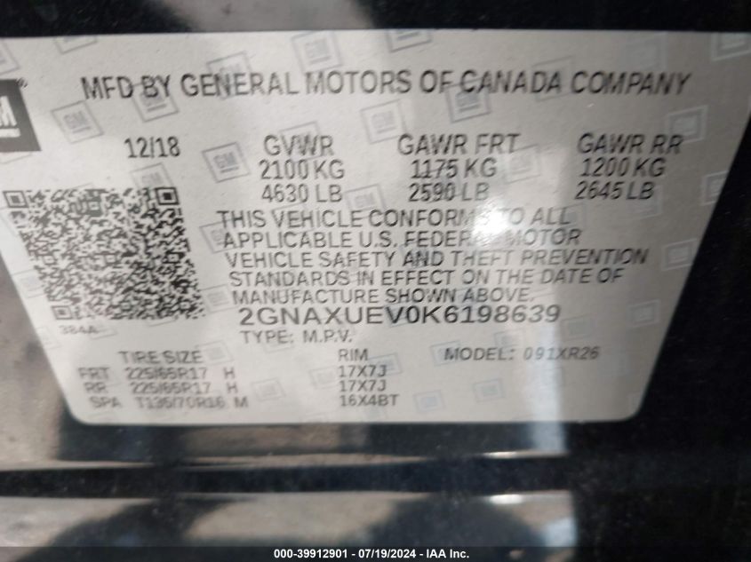 2019 Chevrolet Equinox Lt VIN: 2GNAXUEV0K6198639 Lot: 39912901