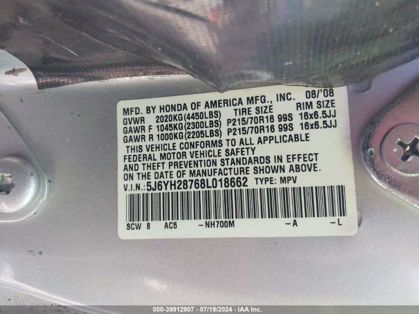 2008 Honda Element Ex VIN: 5J6YH28768L018662 Lot: 39912907