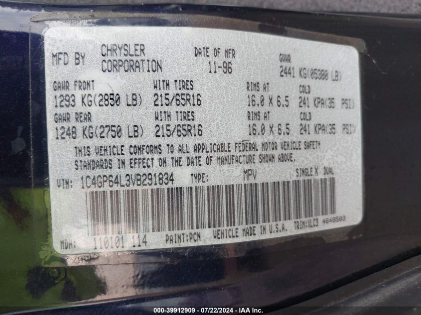 1997 Chrysler Town & Country Lxi VIN: 1C4GP64L3VB291834 Lot: 39912909