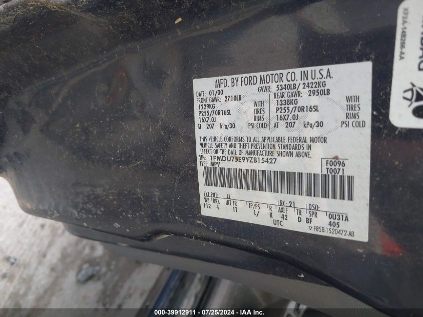 2000 Ford Explorer Limited VIN: 1FMDU75E9YZB15427 Lot: 39912911