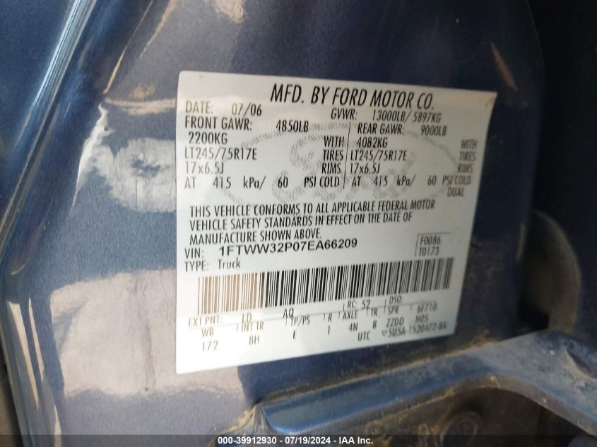 2007 Ford F350 Super Duty VIN: 1FTWW32P07EA66209 Lot: 39912930