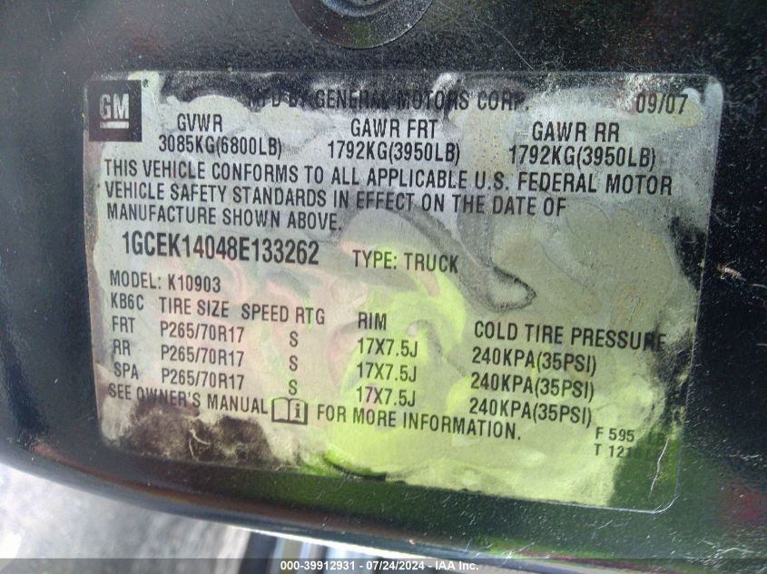 2008 Chevrolet Silverado 1500 Work Truck VIN: 1GCEK14048E133262 Lot: 39912931