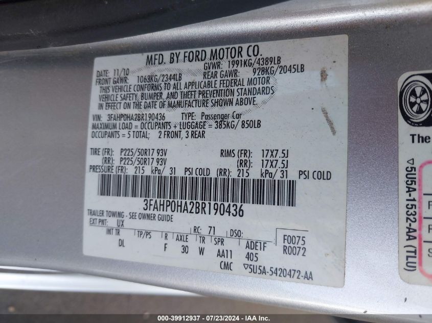 2011 Ford Fusion Se VIN: 3FAHP0HA2BR190436 Lot: 39912937