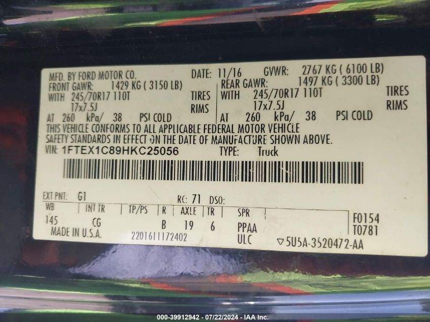 2017 Ford F-150 Xl VIN: 1FTEX1C89HKC25056 Lot: 39912942