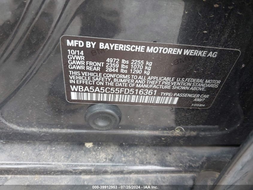 2015 BMW 528I VIN: WBA5A5C55FD516361 Lot: 39912953