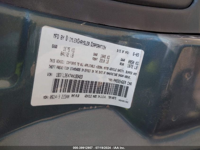 2004 Dodge Stratus Se VIN: 1B3EL36X74N193423 Lot: 39912957