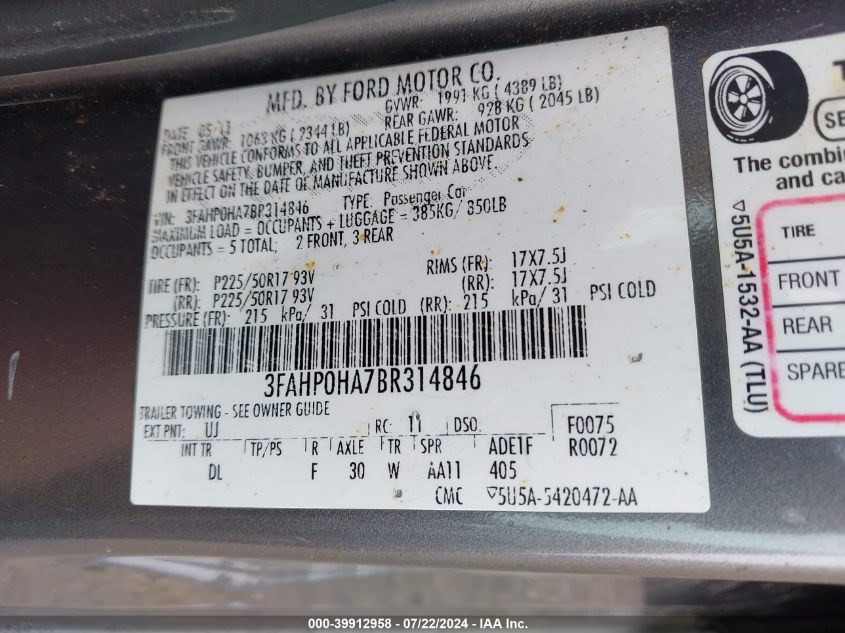 2011 Ford Fusion Se VIN: 3FAHP0HA7BR314846 Lot: 39912958