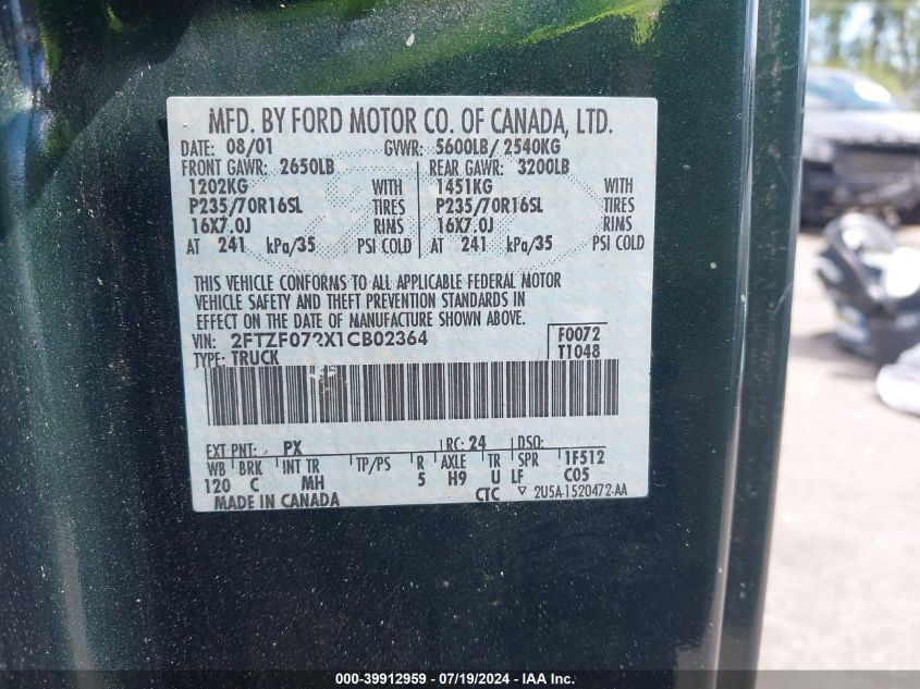 2001 Ford F150 VIN: 2FTZF072X1CB02364 Lot: 39912959