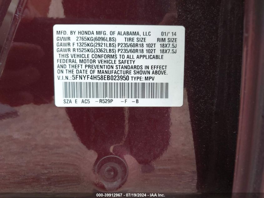 2014 Honda Pilot Exl VIN: 5FNYF4H58EB023950 Lot: 39912967
