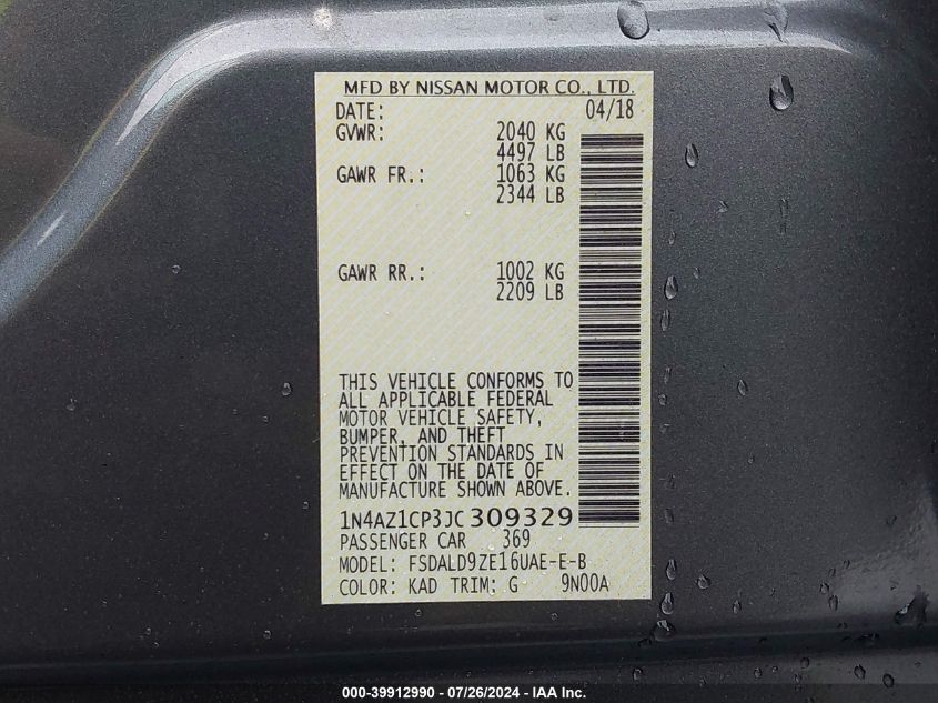 2018 Nissan Leaf Sv VIN: 1N4AZ1CP3JC309329 Lot: 39912990