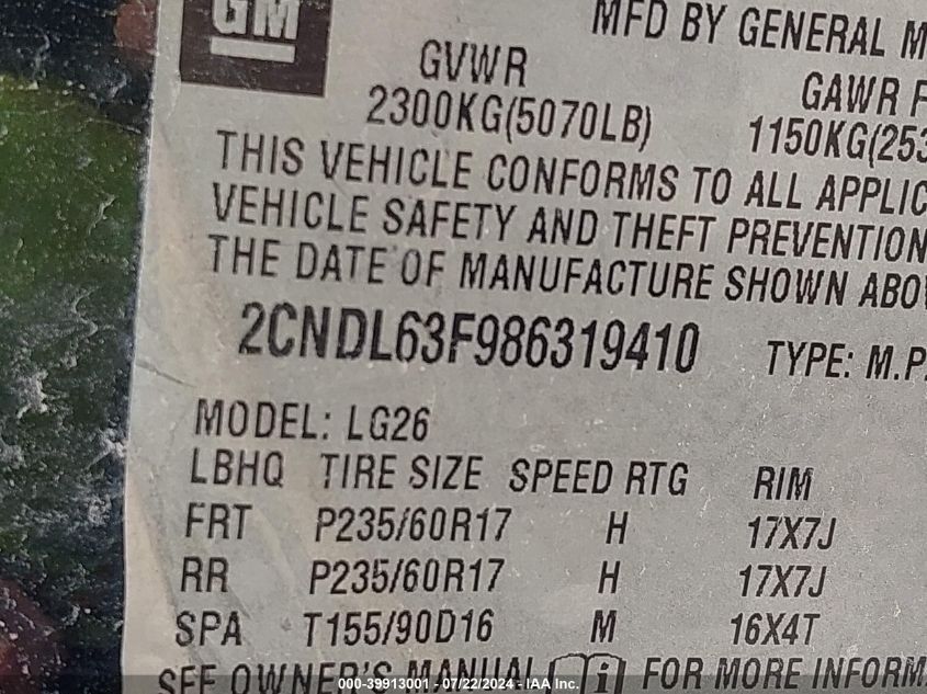 2008 Chevrolet Equinox Lt VIN: 2CNDL63F986319410 Lot: 39913001