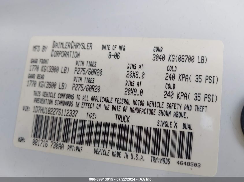 2007 Dodge Ram 1500 Slt/Trx4 Off Road/Sport VIN: 1D7HU18227S112337 Lot: 39913015