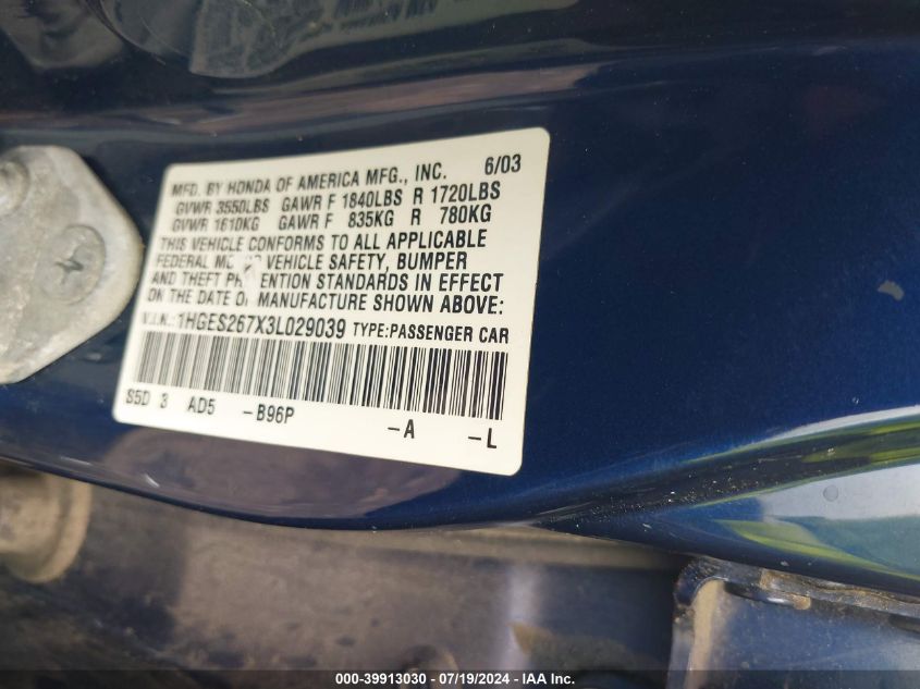 2003 Honda Civic Ex VIN: 1HGES267X3LO29039 Lot: 39913030