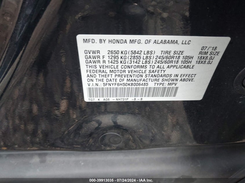 VIN 5FNYF6H50KB006485 2019 HONDA PILOT EX-L