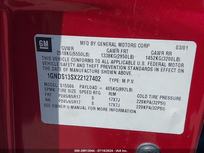 2002 Chevrolet Trailblazer Ltz VIN: 1GNDS13SX22127402 Lot: 39913044