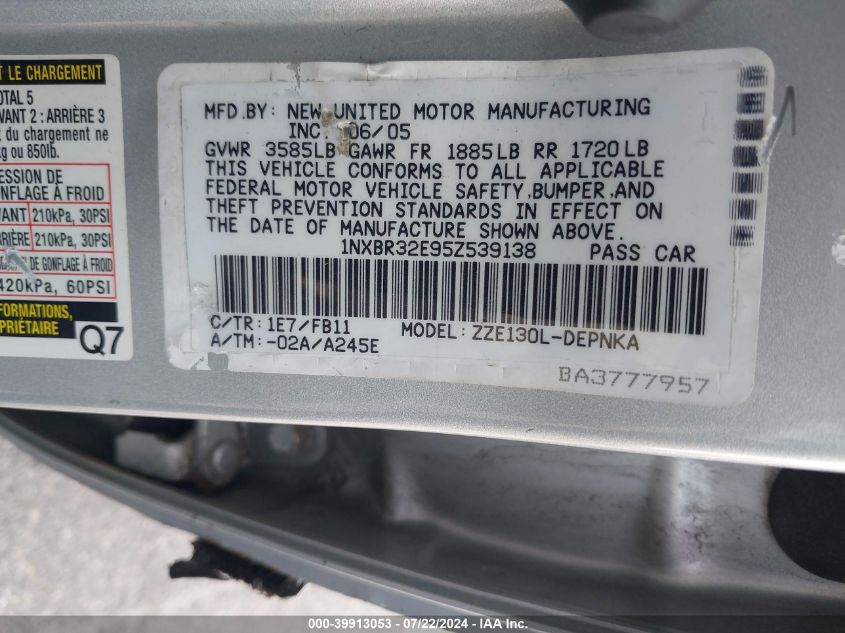 2005 Toyota Corolla Le VIN: 1NXBR32E95Z539138 Lot: 39913053