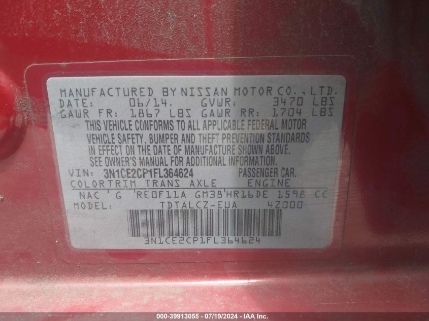 2015 Nissan Versa Note S Plus VIN: 3N1CE2CP1FL364624 Lot: 39913055