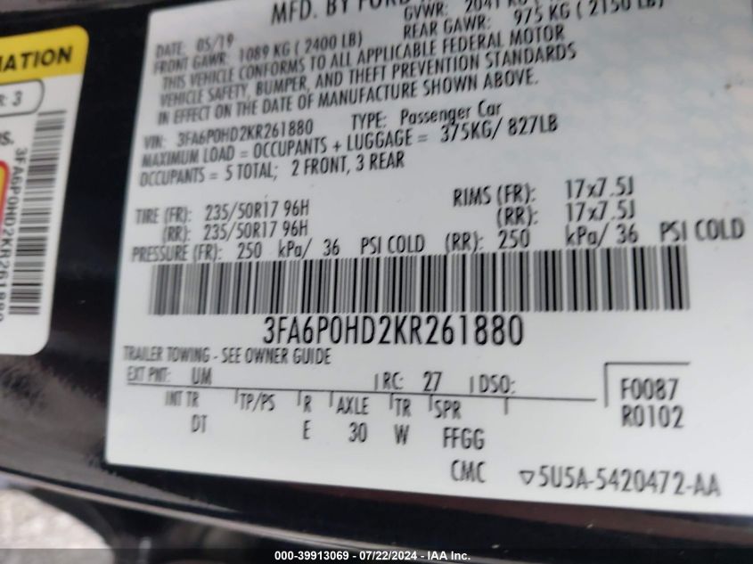 2019 Ford Fusion Se VIN: 3FA6P0HD2KR261880 Lot: 39913069