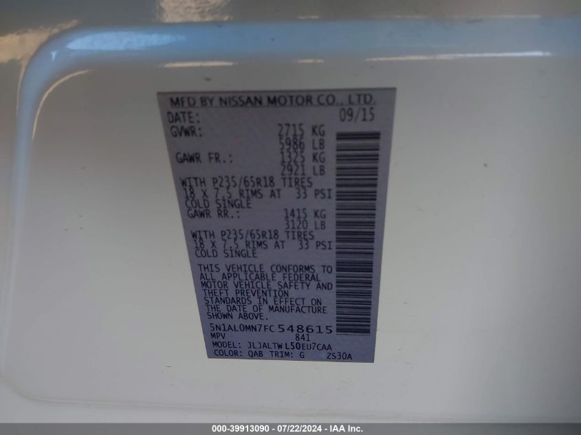 2015 Infiniti Qx60 VIN: 5N1AL0MN7FC548615 Lot: 39913090