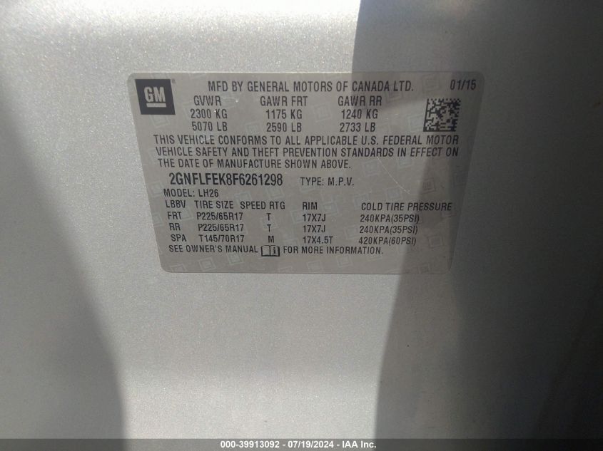 2015 Chevrolet Equinox 1Lt VIN: 2GNFLFEK8F6261298 Lot: 39913092