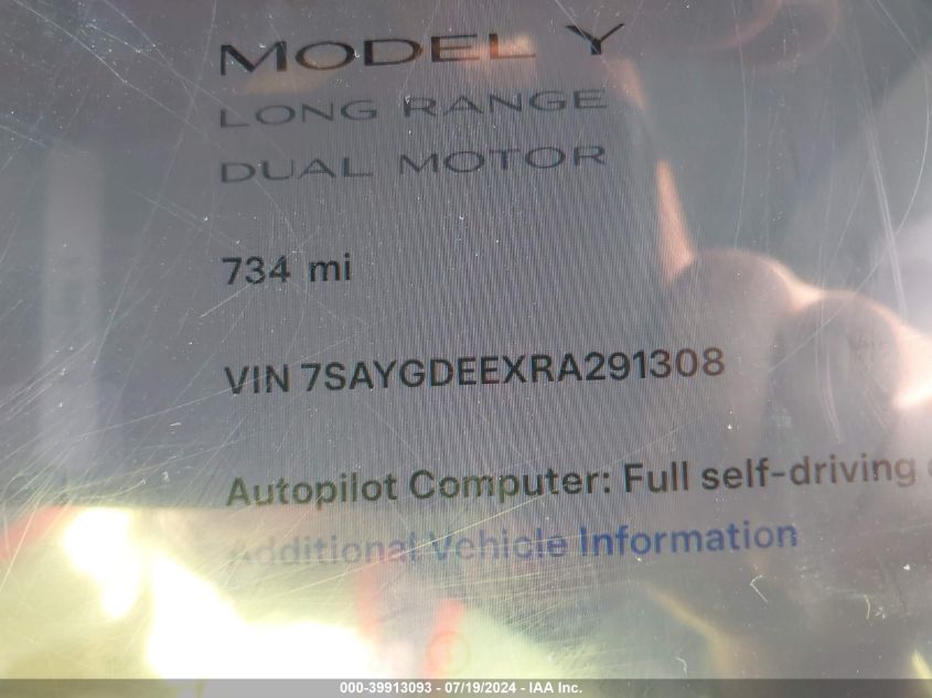 2024 Tesla Model Y Long Range Dual Motor All-Wheel Drive VIN: 7SAYGDEEXRA291308 Lot: 39913093