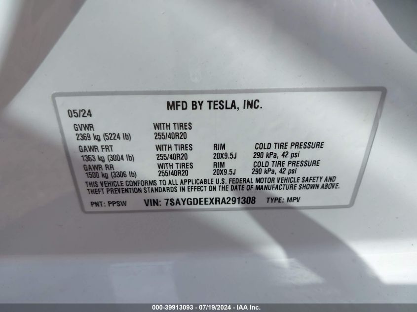 2024 Tesla Model Y Long Range Dual Motor All-Wheel Drive VIN: 7SAYGDEEXRA291308 Lot: 39913093