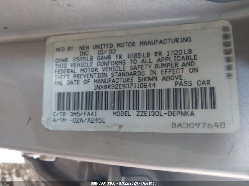 2003 Toyota Corolla Le VIN: 1NXBR32E93Z110644 Lot: 39913108