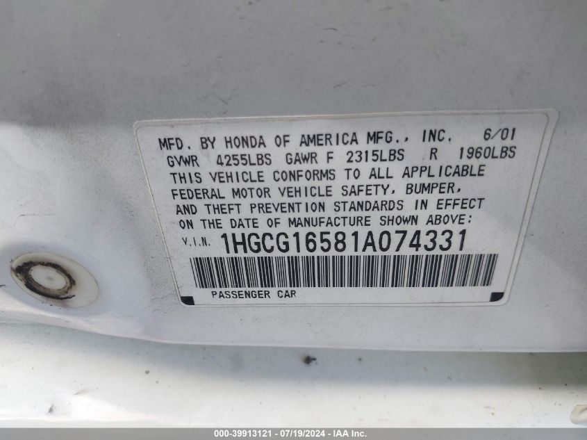 2001 Honda Accord Ex VIN: 1HGCG16581A074331 Lot: 39913121