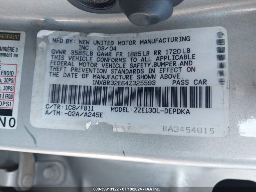 2004 Toyota Corolla Ce VIN: 1NXBR32E64Z325593 Lot: 39913122