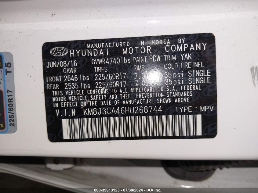 2017 Hyundai Tucson Se VIN: KM8J3CA46HU268744 Lot: 39913123