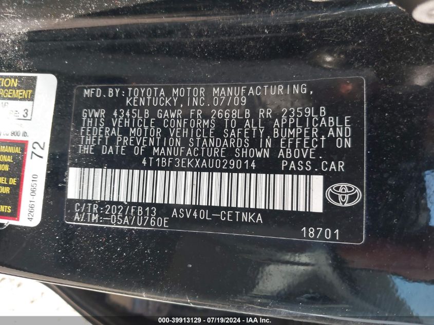 4T1BF3EKXAU029014 | 2010 TOYOTA CAMRY